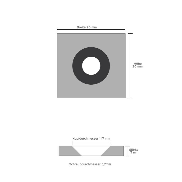 Haftgrund für Magnete | Eisenplättchen 20,0 x 20,0 x 3,0 mm mit 1 Senkloch