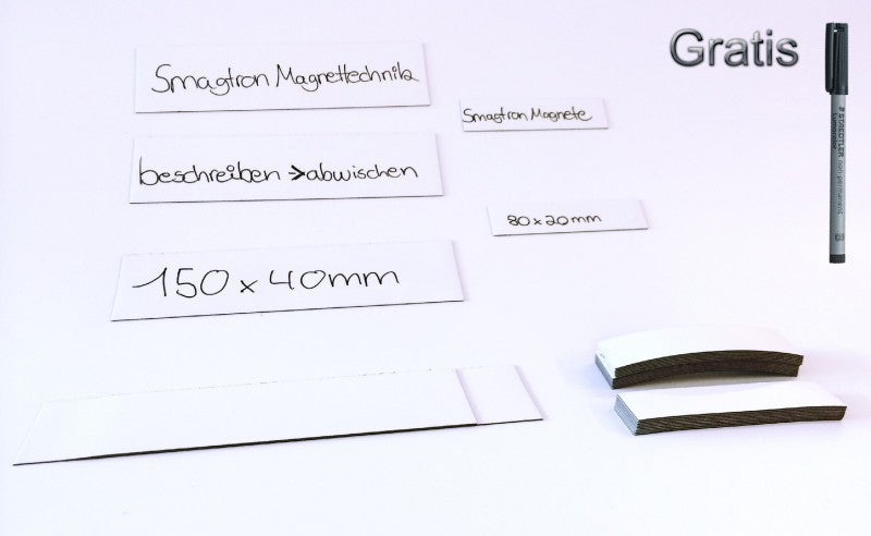 Magnet-Schilder 40mm x 150mm weiß non-permanent beschreibbar Qualität ''Anistrop'' 100 Stück + 1 Gratis non-permanent Stift