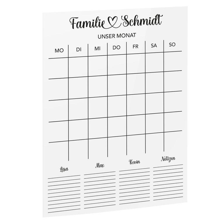 SmagMedia24 Family Time - Familien-Monatsplaner - Individuell gestaltbarer Wand-Kalender auf Acrylglas