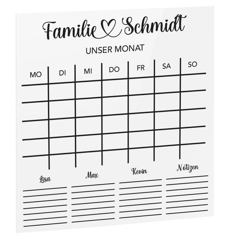SmagMedia24 Family Time - Familien-Monatsplaner - Individuell gestaltbarer Wand-Kalender auf Acrylglas