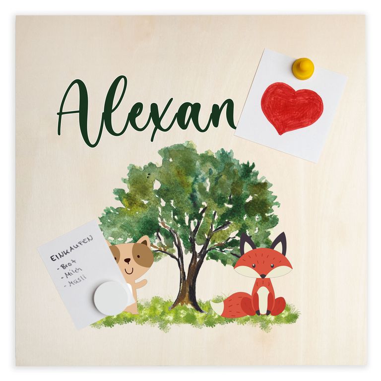 Namenstafel Holz-Magnetboard Holztafel Pinnwand - Inkl. 3 Magnete Motiv: Tiere im Wald