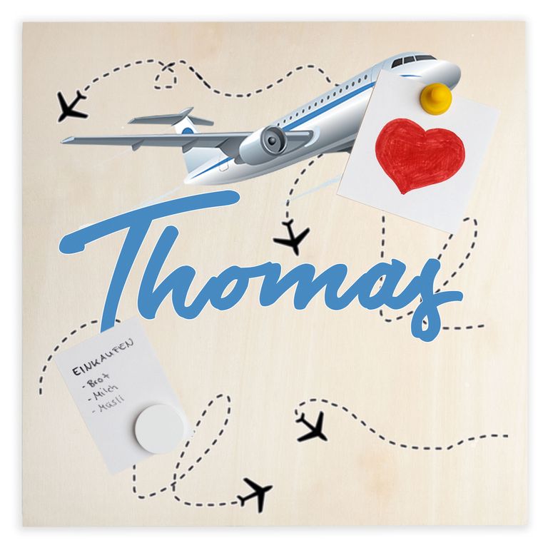 Namenstafel Holz-Magnetboard Holztafel Pinnwand - Inkl. 3 Magnete Motiv: Flugzeug