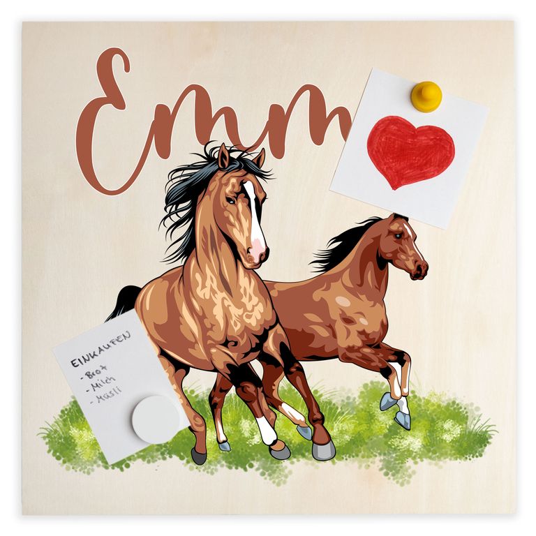 Namenstafel Holz-Magnetboard Holztafel Pinnwand - Inkl. 3 Magnete Motiv: Pferde