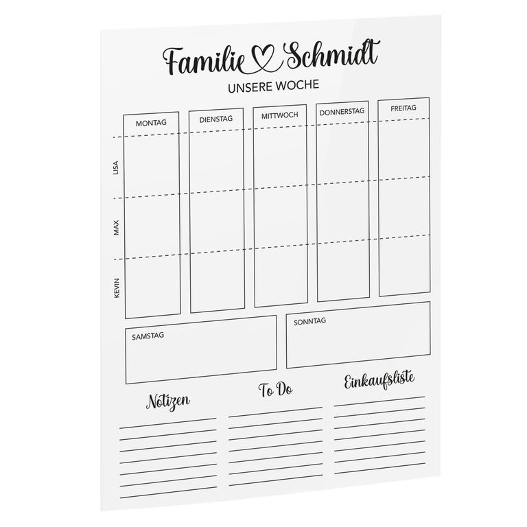SmagMedia24 Family Time - Familien-Wochenplaner - Individuell gestaltbarer Wand-Kalender auf Acrylglas