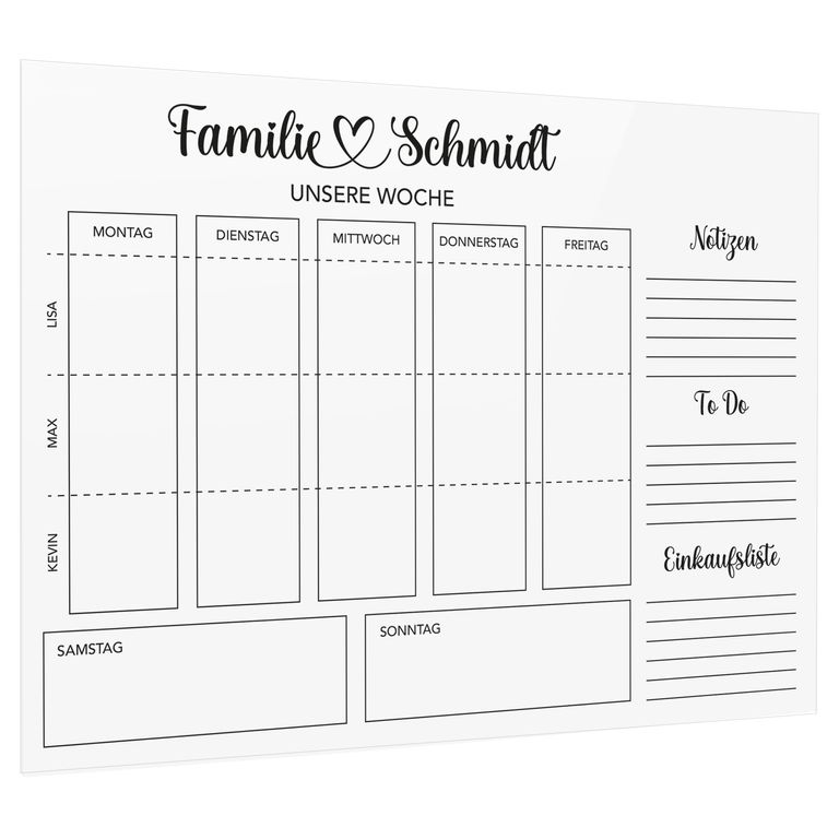 SmagMedia24 Family Time - Familien-Wochenplaner - Individuell gestaltbarer Wand-Kalender auf Acrylglas
