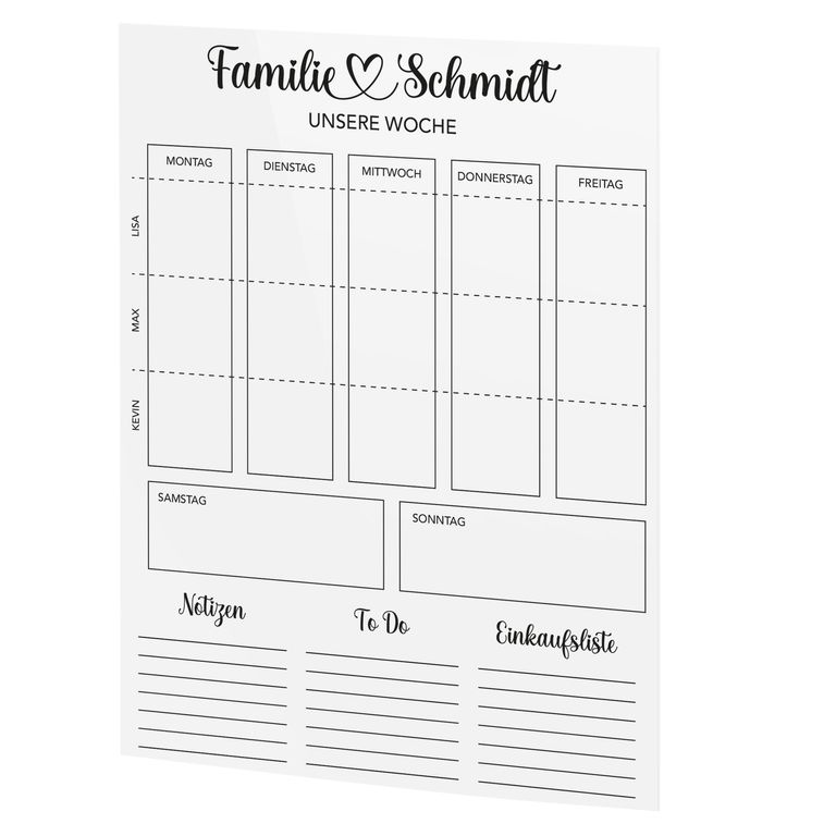 SmagMedia24 Family Time - Familien-Wochenplaner - Individuell gestaltbarer Wand-Kalender auf Acrylglas