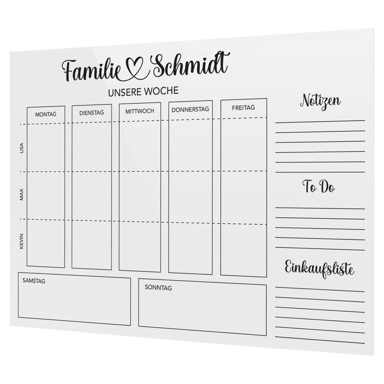 SmagMedia24 Family Time - Familien-Wochenplaner - Individuell gestaltbarer Wand-Kalender auf Acrylglas