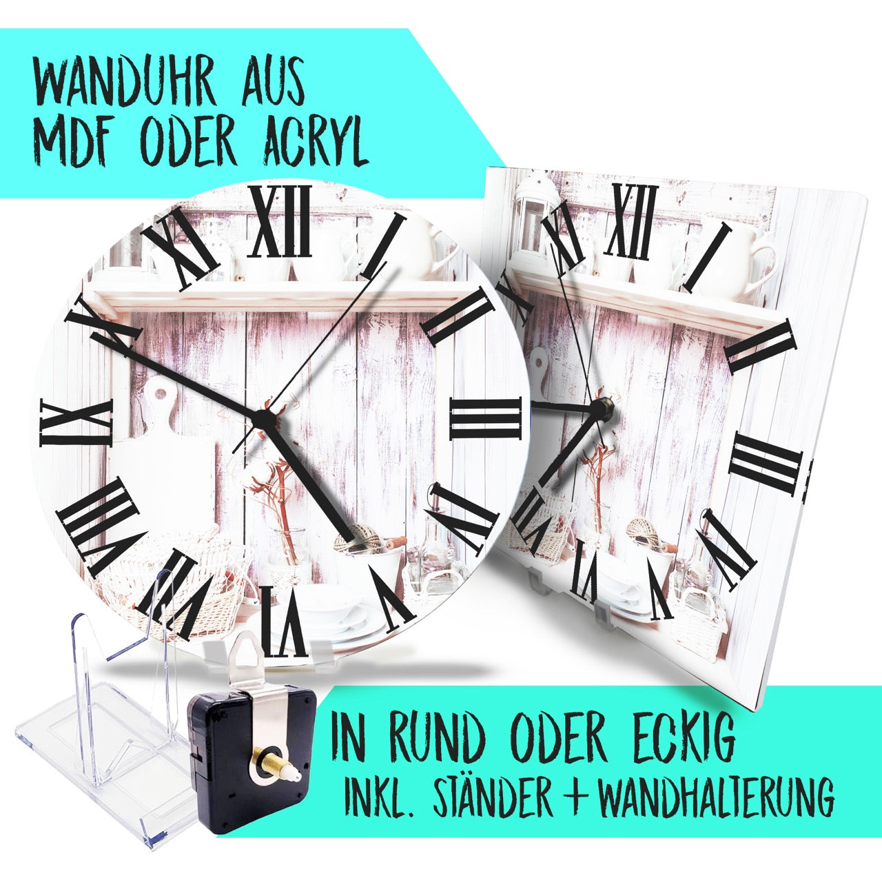 Hochwertige 30cm-Uhren Made in Alzenau Lautlose Uhr MDF Acryl Motiv White Nostalgie