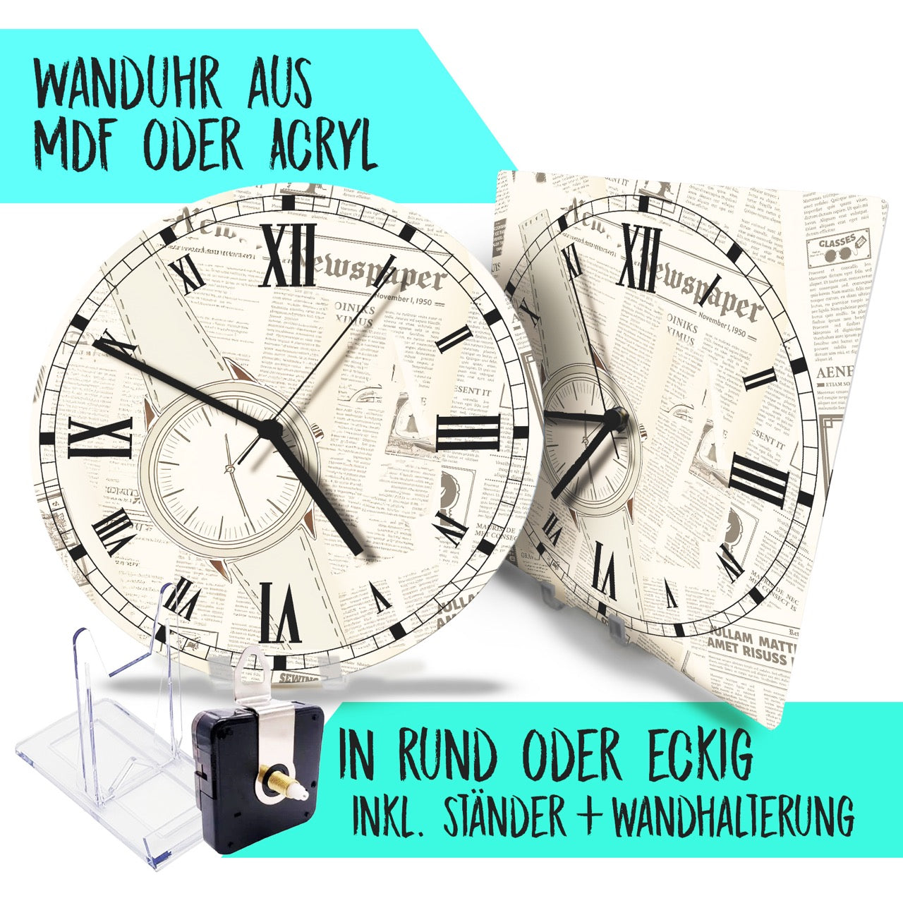 Hochwertige 30cm-Uhren Made in Alzenau Lautlose Uhr MDF Acryl Motiv Old Zeitung