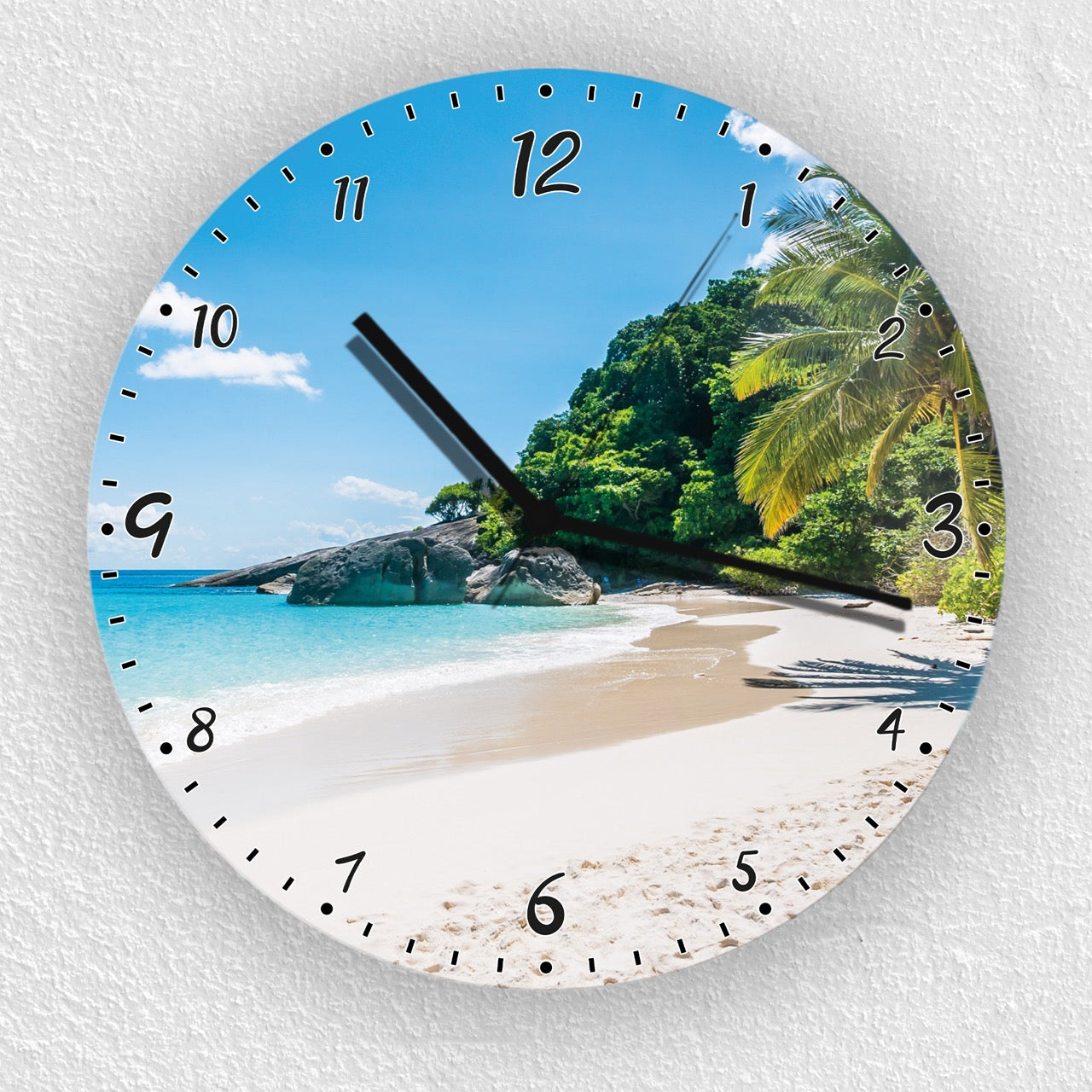 Hochwertige 30cm-Uhren Made in Alzenau Lautlose Uhr MDF Acryl Motiv Paradies-Strand