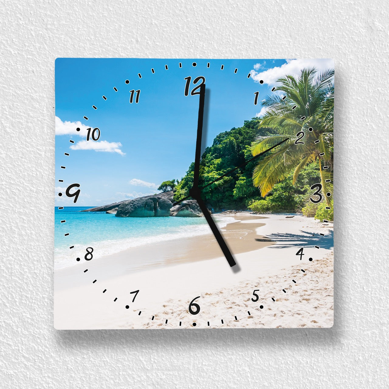 Hochwertige 30cm-Uhren Made in Alzenau Lautlose Uhr MDF Acryl Motiv Paradies-Strand