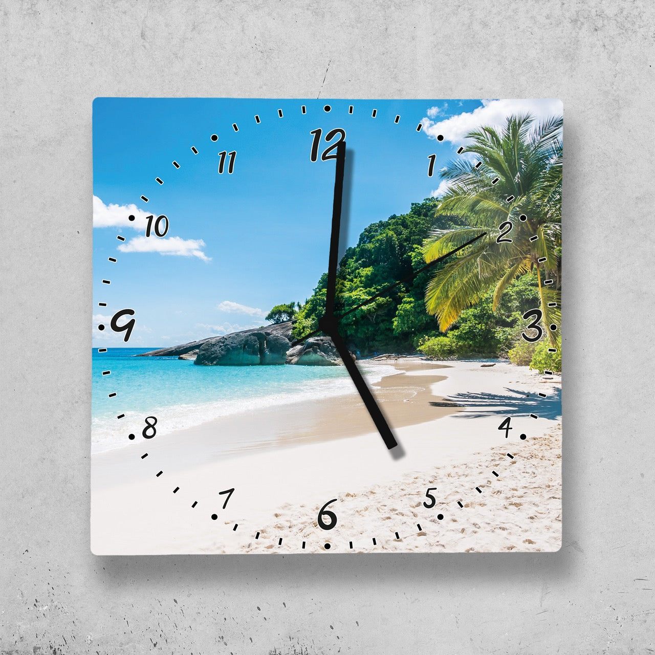 Hochwertige 30cm-Uhren Made in Alzenau Lautlose Uhr MDF Acryl Motiv Paradies-Strand