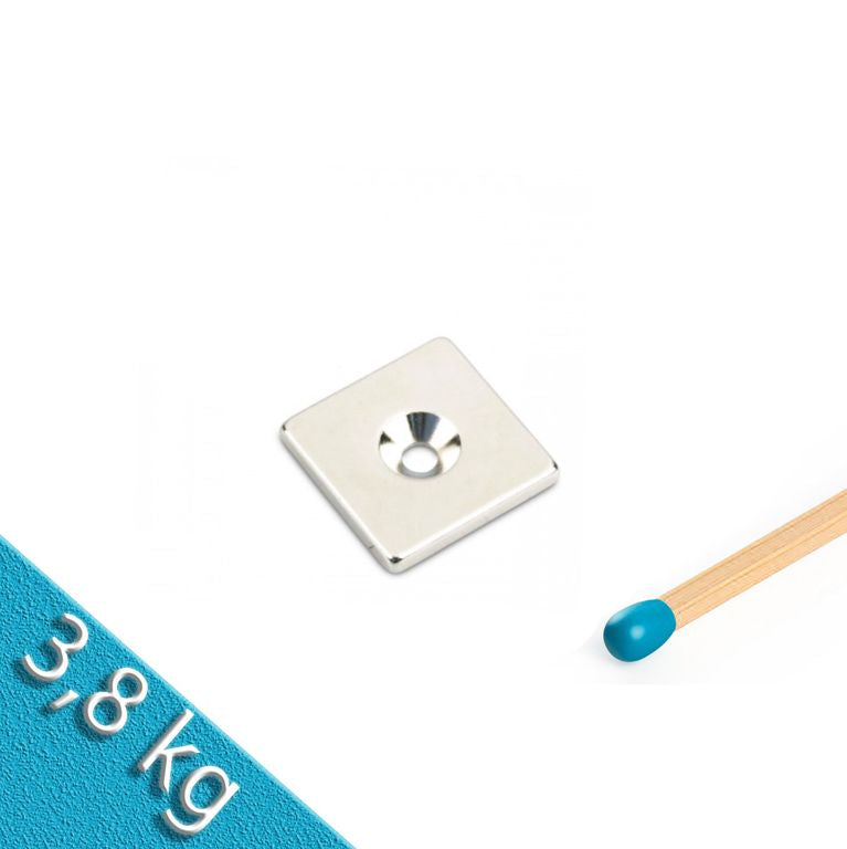 Quadermagnet 20,0 x 20,0 x 3,0 mm N45 Nickel - M3 Senkloch