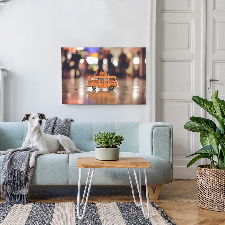 Bedrucktes Acrylglas als Magnetwand, Küchen-Hintergrund, Motiv Bulli