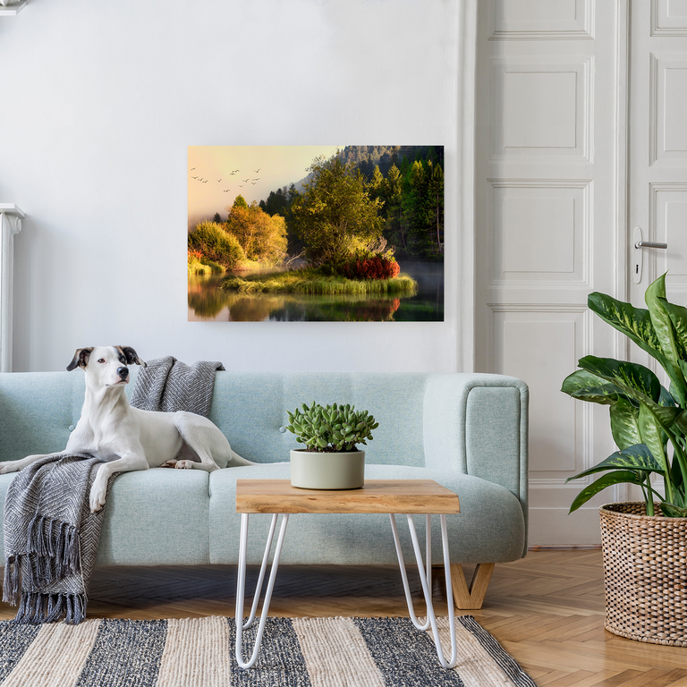 Bedrucktes Acrylglas als Magnetwand, Küchen-Hintergrund, Motiv: Nebel-Insel