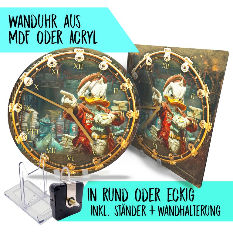 DEMO-ARTIKEL! Hochwertige 30cm-Uhren Made in Alzenau Lautlose Uhr MDF Acryl Motiv Reiche Ente