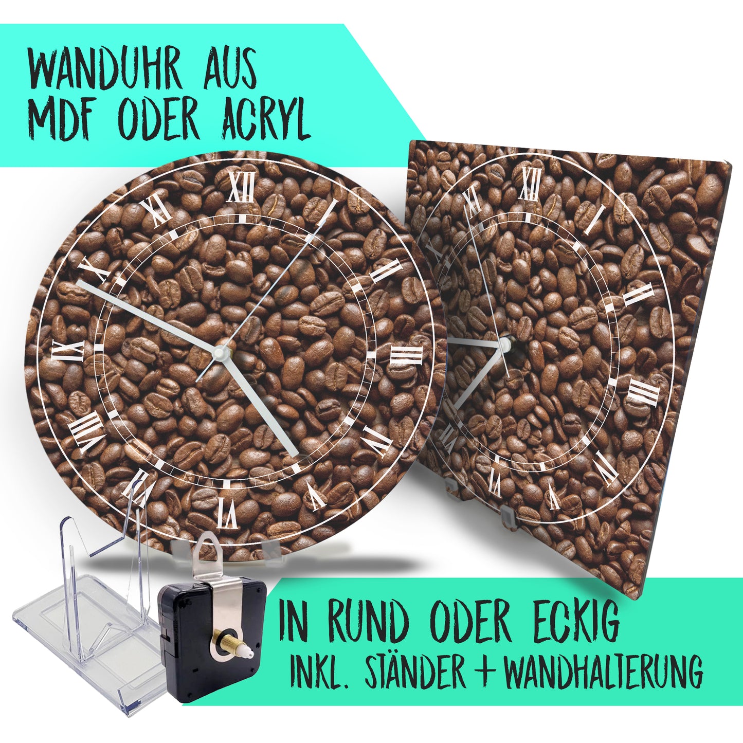 Hochwertige 30cm-Uhren Made in Alzenau Lautlose Uhr MDF Acryl Motiv Kaffeebohnen
