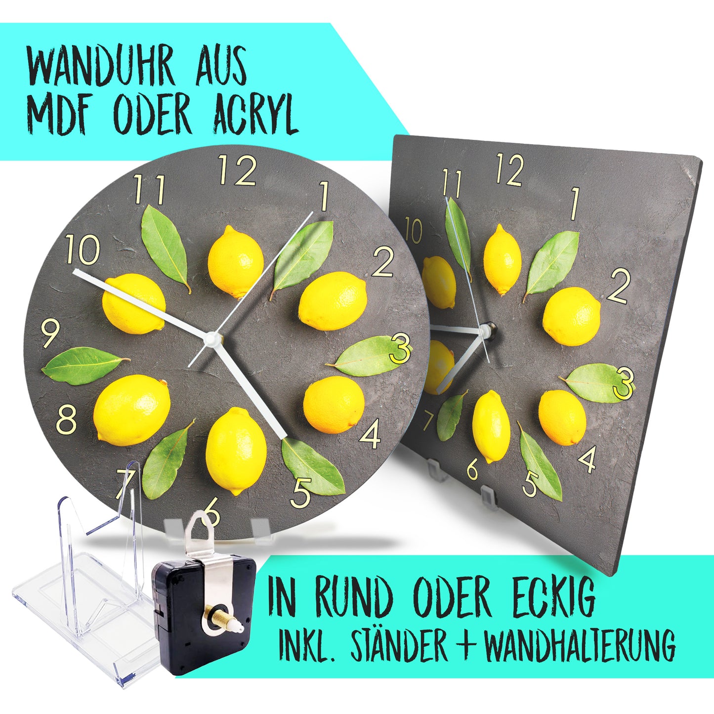 Hochwertige 30cm-Uhren Made in Alzenau Lautlose Uhr MDF Acryl Motiv Zitronenkranz