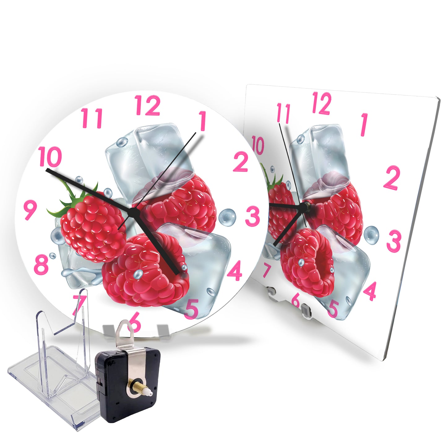 Hochwertige 30cm-Uhren Made in Alzenau Lautlose Uhr MDF Acryl Motiv Himbeere auf Eis