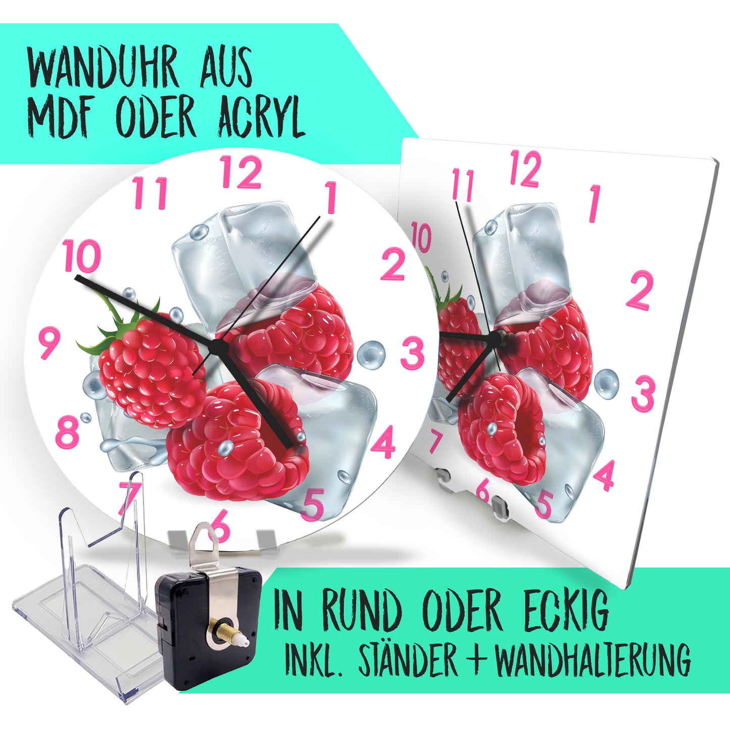 Hochwertige 30cm-Uhren Made in Alzenau Lautlose Uhr MDF Acryl Motiv Himbeere auf Eis