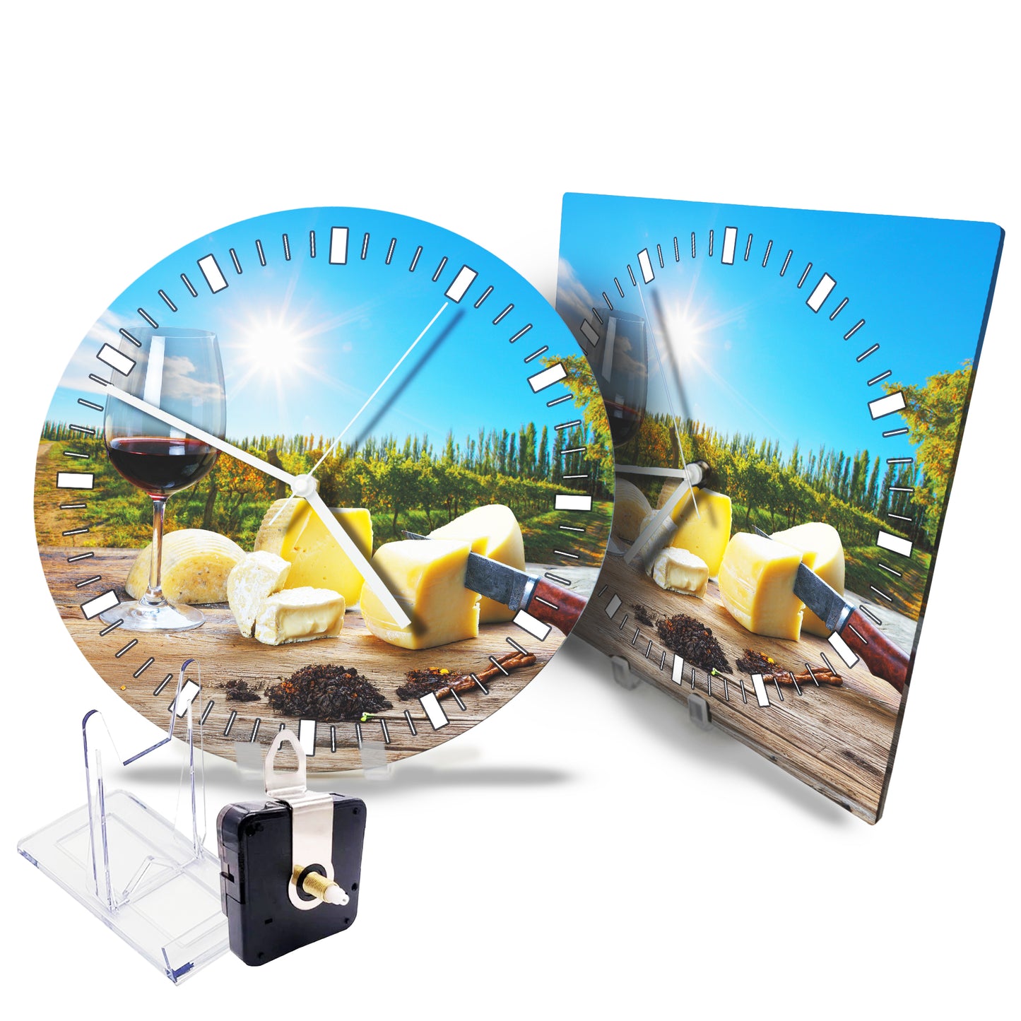 Hochwertige 30cm-Uhren Made in Alzenau Lautlose Uhr MDF Acryl Motiv Wein Käse