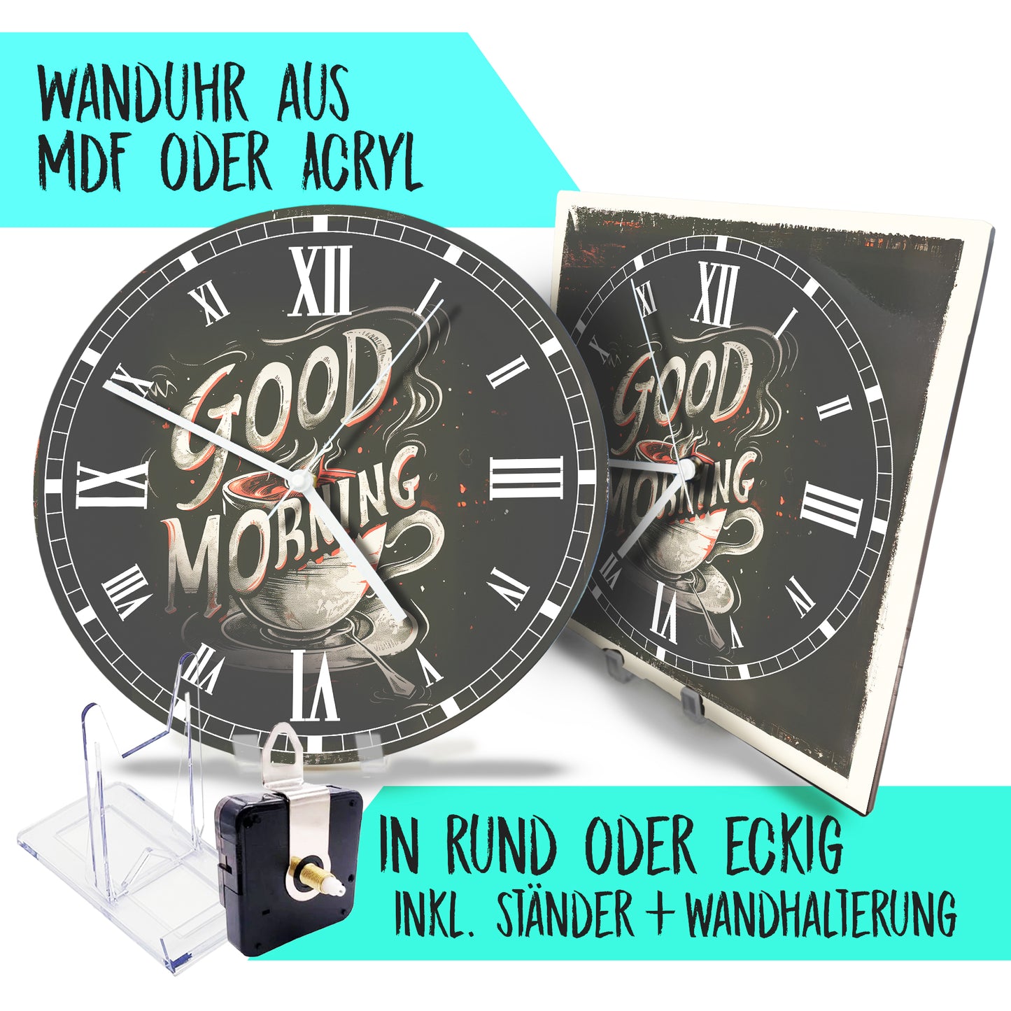 Hochwertige 30cm-Uhren Made in Alzenau Lautlose Uhr MDF Acryl Motiv Good Morning