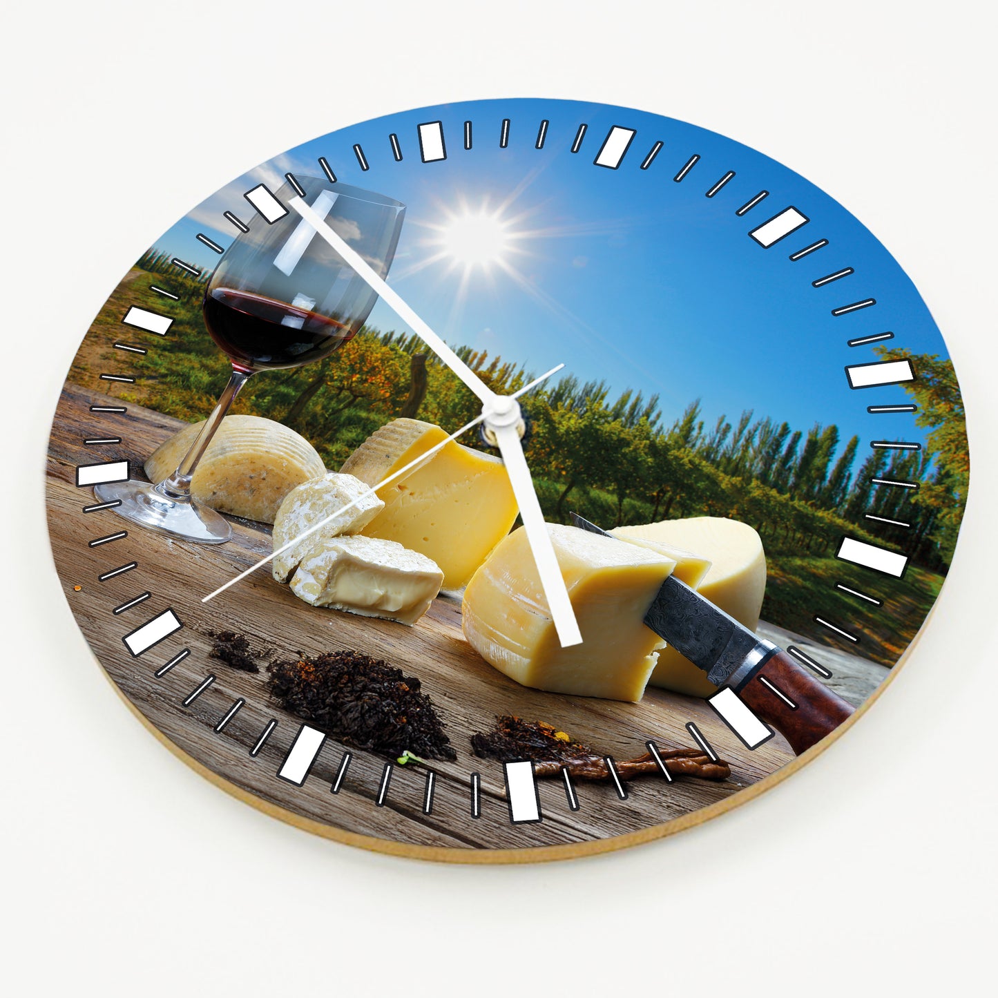 Hochwertige 30cm-Uhren Made in Alzenau Lautlose Uhr MDF Acryl Motiv Wein Käse