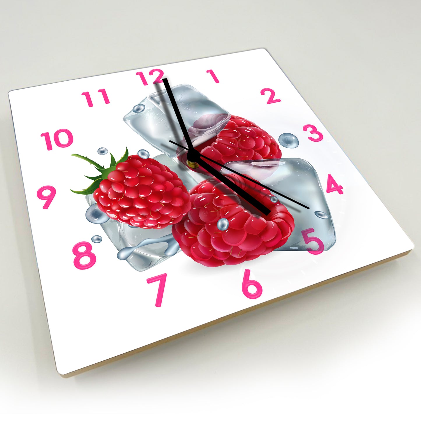 Hochwertige 30cm-Uhren Made in Alzenau Lautlose Uhr MDF Acryl Motiv Himbeere auf Eis