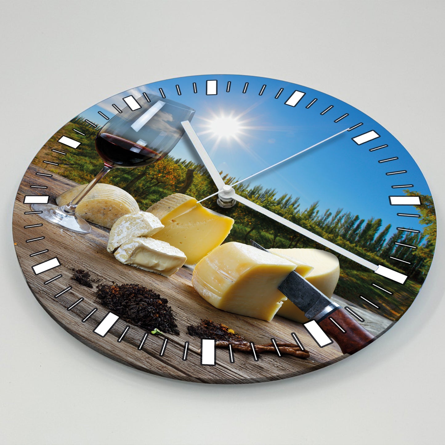 Hochwertige 30cm-Uhren Made in Alzenau Lautlose Uhr MDF Acryl Motiv Wein Käse