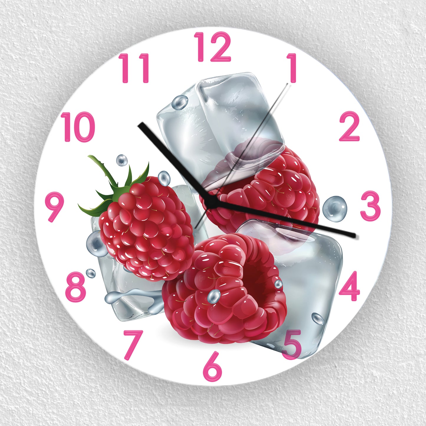 Hochwertige 30cm-Uhren Made in Alzenau Lautlose Uhr MDF Acryl Motiv Himbeere auf Eis