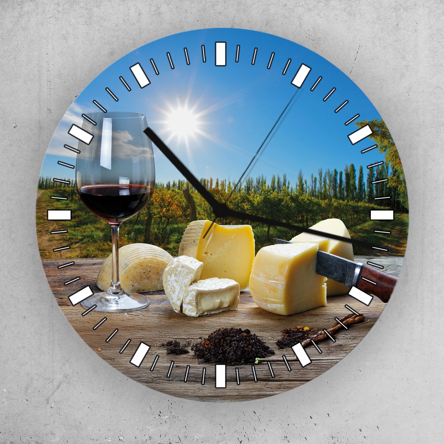 Hochwertige 30cm-Uhren Made in Alzenau Lautlose Uhr MDF Acryl Motiv Wein Käse