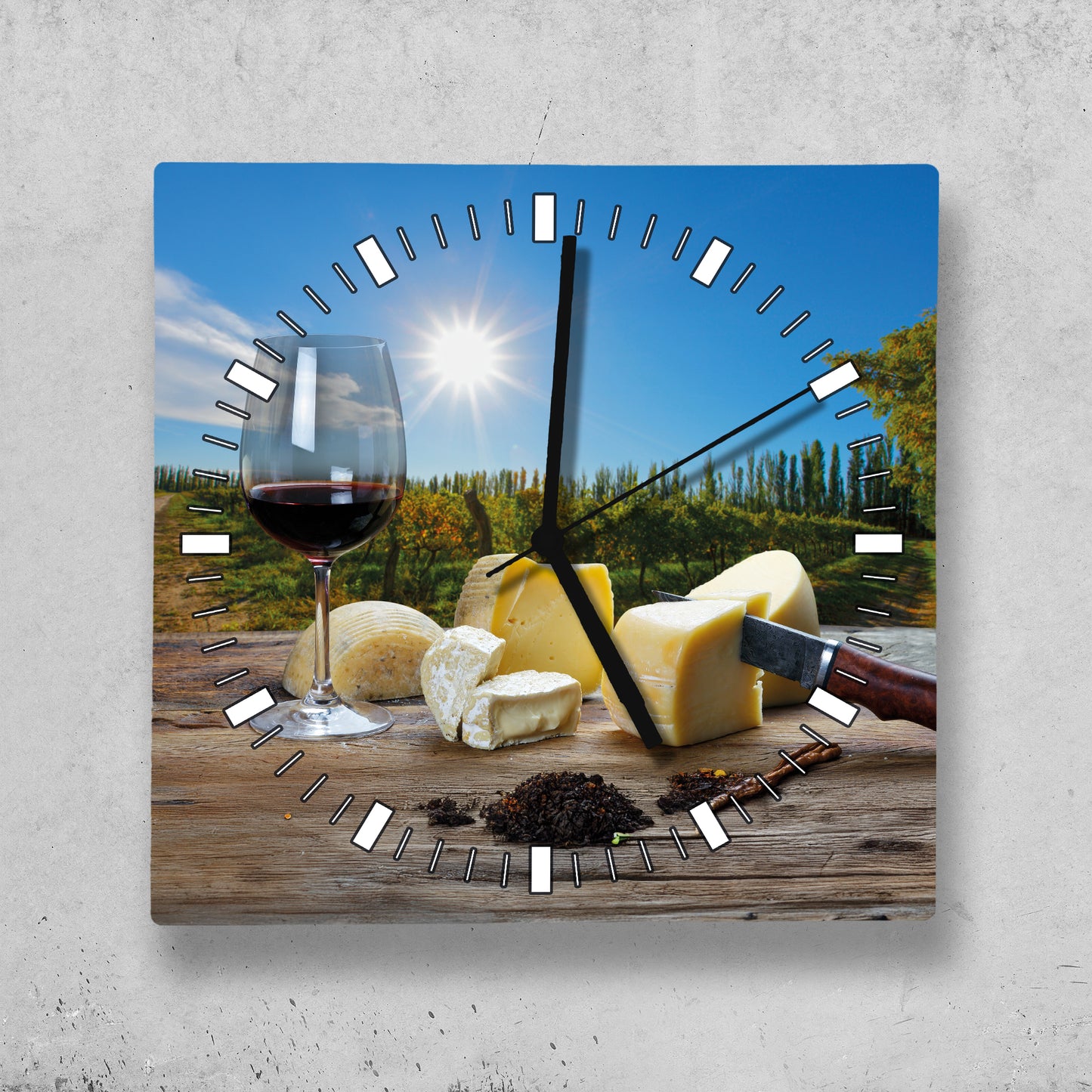 Hochwertige 30cm-Uhren Made in Alzenau Lautlose Uhr MDF Acryl Motiv Wein Käse