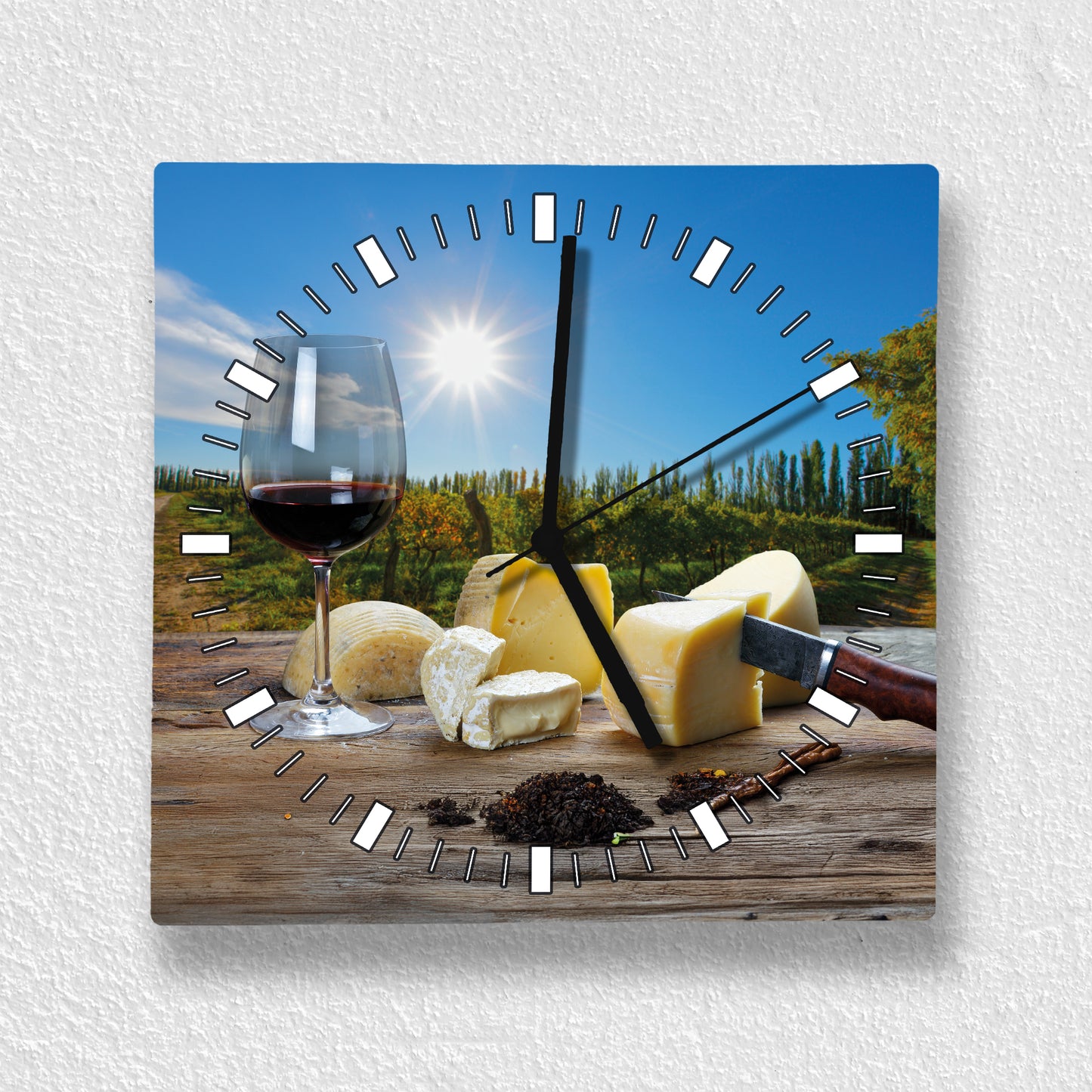 Hochwertige 30cm-Uhren Made in Alzenau Lautlose Uhr MDF Acryl Motiv Wein Käse