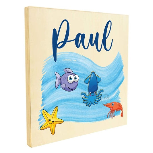 Namenstafel Holz-Magnetboard Holztafel Pinnwand - Inkl. 3 Magnete Motiv: Meerestiere
