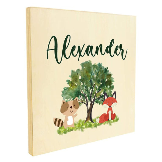 Namenstafel Holz-Magnetboard Holztafel Pinnwand - Inkl. 3 Magnete Motiv: Tiere im Wald