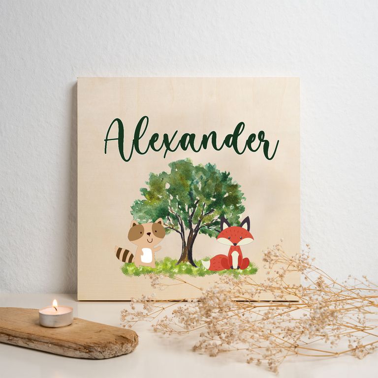 Namenstafel Holz-Magnetboard Holztafel Pinnwand - Inkl. 3 Magnete Motiv: Tiere im Wald