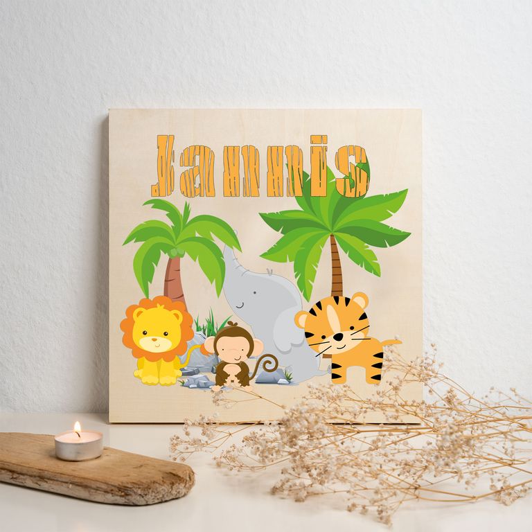 Namenstafel Holz-Magnetboard Holztafel Pinnwand - Inkl. 3 Magnete Motiv: Dschungel