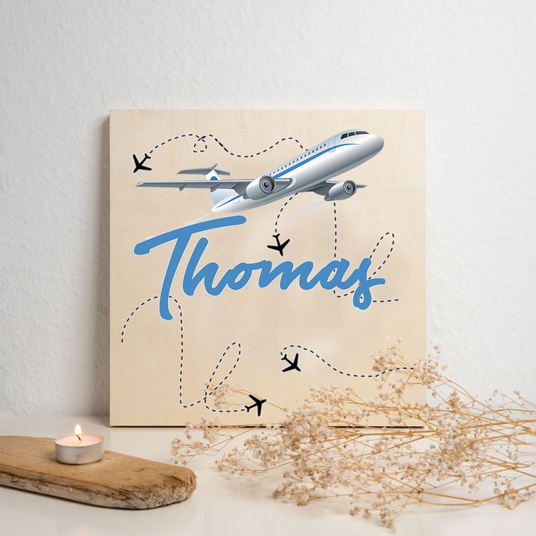 Namenstafel Holz-Magnetboard Holztafel Pinnwand - Inkl. 3 Magnete Motiv: Flugzeug