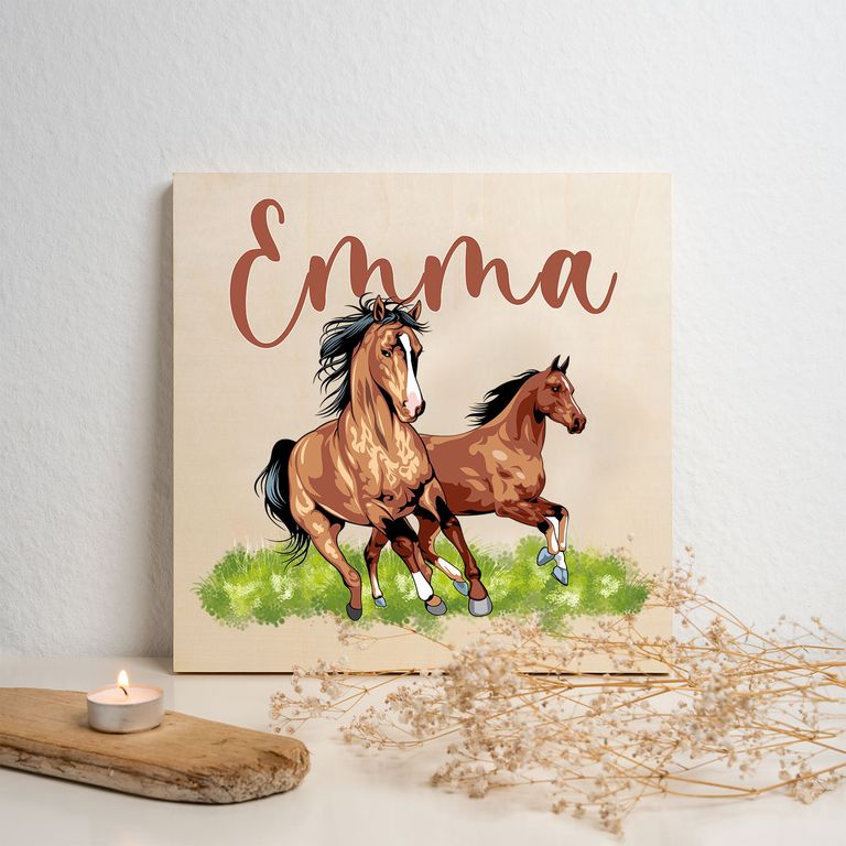 Namenstafel Holz-Magnetboard Holztafel Pinnwand - Inkl. 3 Magnete Motiv: Pferde