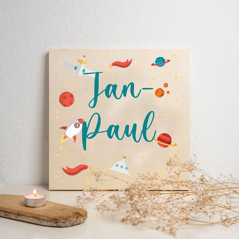 Namenstafel Holz-Magnetboard Holztafel Pinnwand - Inkl. 3 Magnete Motiv: Space