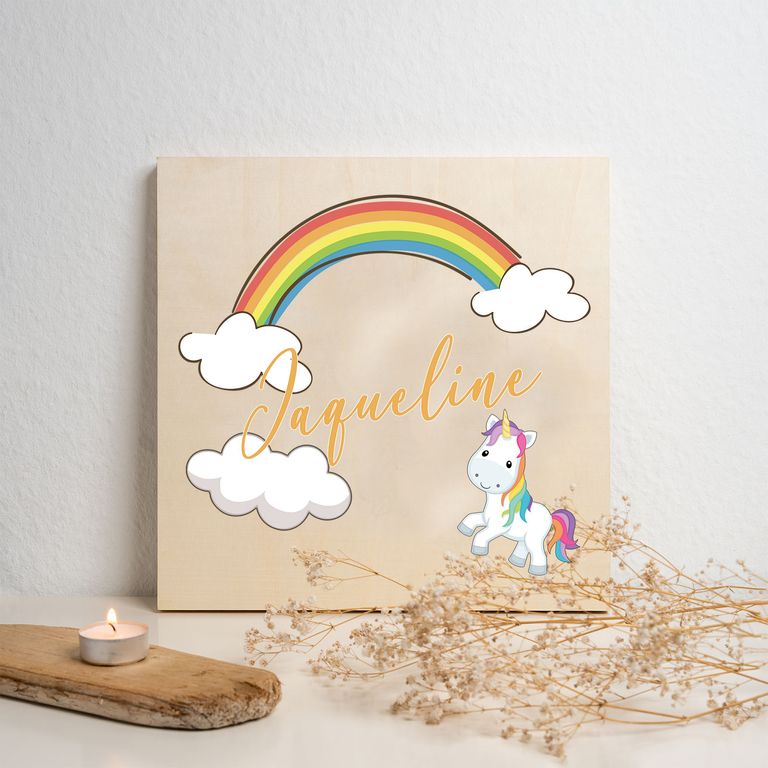 Namenstafel Holz-Magnetboard Holztafel Pinnwand - Inkl. 3 Magnete Motiv: Regenbogen