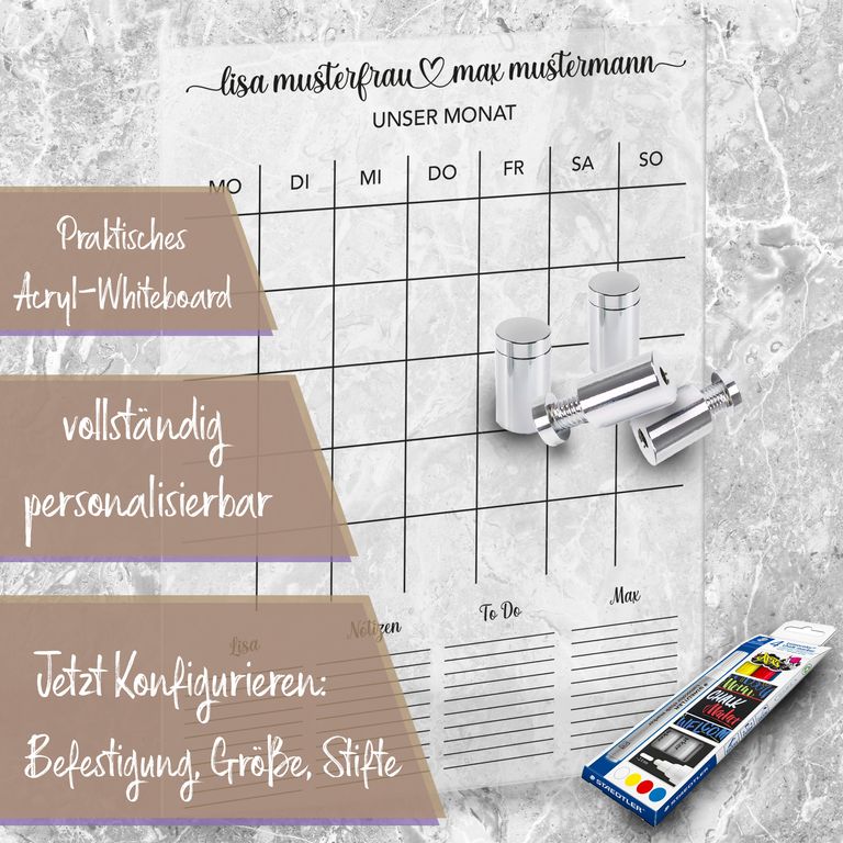SmagMedia24 Family Time - Paar-Monatsplaner - Individuell gestaltbarer Wand-Kalender auf Acrylglas