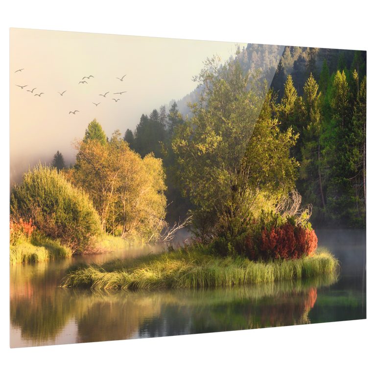 Bedrucktes Acrylglas als Magnetwand, Küchen-Hintergrund, Motiv: Nebel-Insel