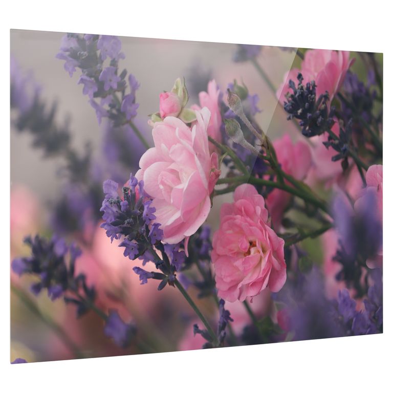 Bedrucktes Acrylglas als Magnetwand, Küchen-Hintergrund, Motiv Lavendelstrauß