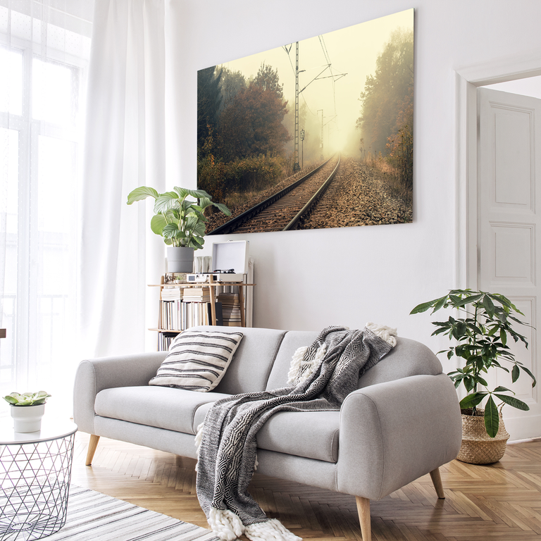 Bedrucktes Acrylglas als Magnetwand, Küchen-Hintergrund, Motiv: Eisenbahnschienen