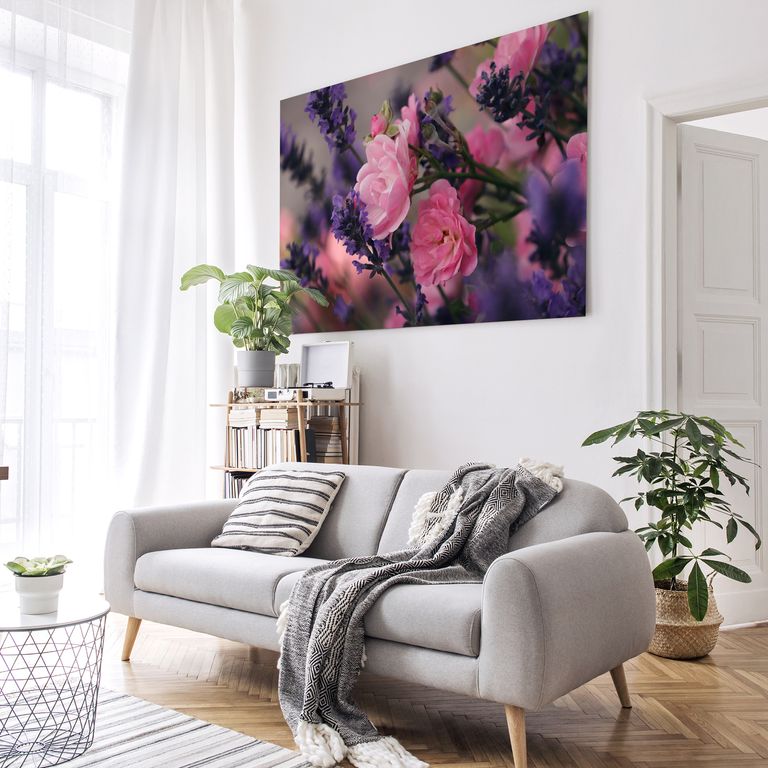 Bedrucktes Acrylglas als Magnetwand, Küchen-Hintergrund, Motiv Lavendelstrauß