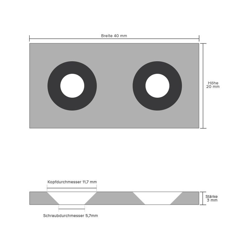 Haftgrund für Magnete | Eisenplättchen 40,0 x 20,0 x 3,0 mm  mit 2 Senklöchern