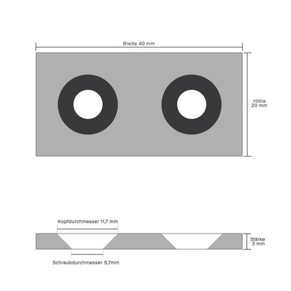 Haftgrund für Magnete | Eisenplättchen 40,0 x 20,0 x 3,0 mm  mit 2 Senklöchern