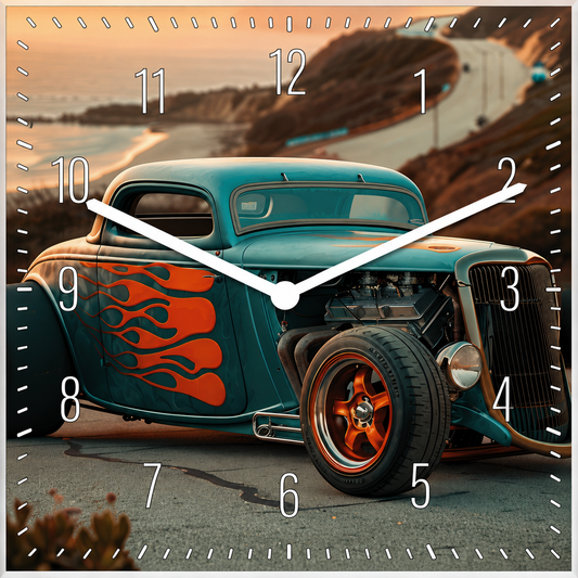 Hochwertige 30cm-Uhren Made in Alzenau Lautlose Uhr MDF Acryl Motiv HOTROD FLAMES