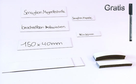 Magnet-Schilder 40mm x 150mm weiß non-permanent beschreibbar Qualität ''Anistrop'' 100 Stück + 1 Gratis non-permanent Stift